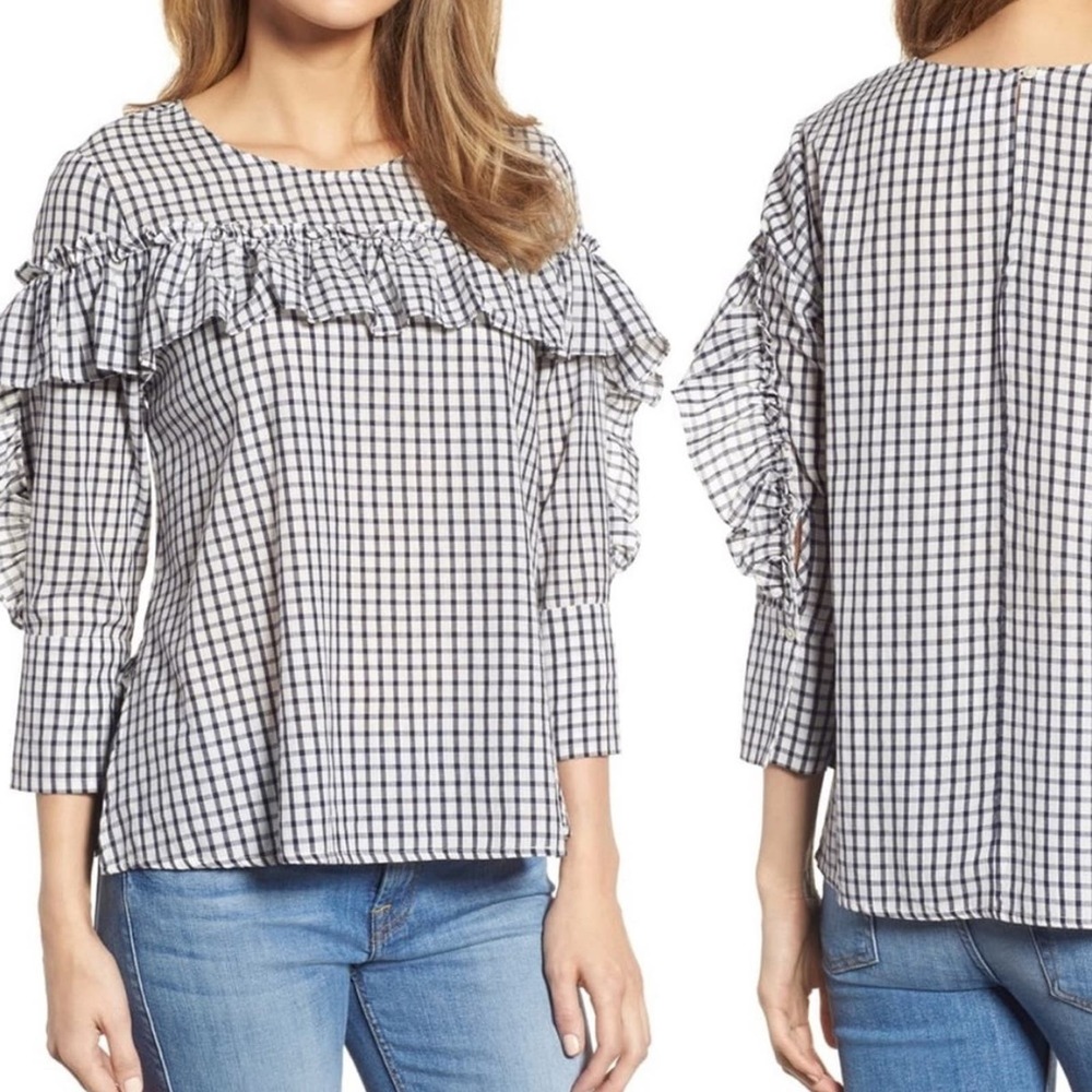 Velvet By Graham & Spencer Check Ruffle Yoke Top Size M